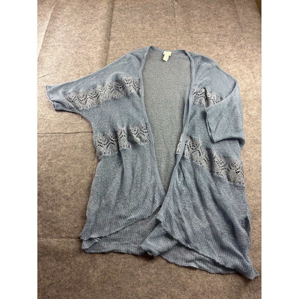 Chico's Light Blue Lace Open Front Cardigan Sweater Size 3 XL Kimono Sleeve Boho